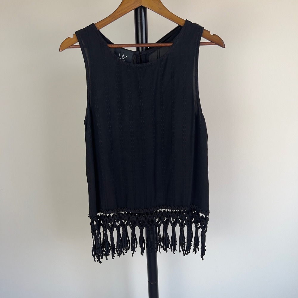 LIV Los Angeles Black Boho Macrame Fringe Sleeveless Tank Top Medium